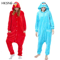 HKSNG Flannel Adult Cookie Monster Onesies Kigurumi Pajamas Cartoon Halloween Party Suit Elmo Cosplay Costume Sleepwear Pyjamas