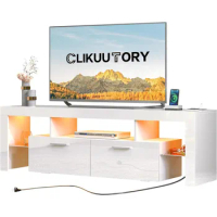 US Clikuutory Modern LED White 67 inch TV Stand with Power Outlet and Large Storage for 40 50 55 60 65 70 75 Inch TVs