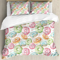 Watercolor Duvet Cover Set, Delicious Pink Donuts Pattern, Decorative 3 Piece Bedding Set with 2 Pillow Shams, Queen Full Size