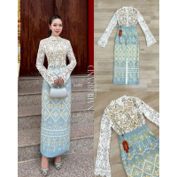 Nabi Thai Dress Set, New Collection, Luxurious and Looks Good. Good Quality White Long-Sleeved Lace 
