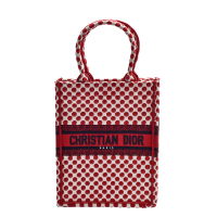 Dior Dioramour BOOK TOTE系列圓點緹花帆布直立式手提包(紅色)