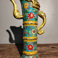 15"Tibetan Temple Old Bronze Cloisonne Enamel Eight treasure Dragon handle teapot Milk jug Butter teapot Large Tibetan Pot