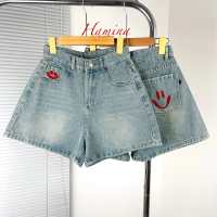 Quần Jeans Nữ Hamina, Quần Short Jean Thêu Mặt Cười Đỏ