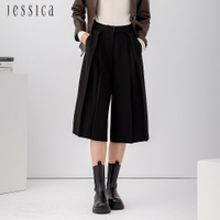 JESSICA - 時尚百搭顯瘦折邊五分寬褲224322（黑）