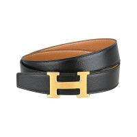 【Hermes 愛馬仕】HERMES磨砂金H釦LOGO小牛皮扣式雙面皮帶(黑x棕)