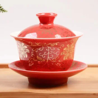 Ceramic Tea Cup with Tray and Lid, Chinese Wedding Tea Set, Red Gaiwan Teacup, Festvial Serving Teaware, Tureen Drinkware