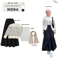 Outfitset OOTD - NORA One set Wanita / Atasan Outer Cardigan Rajut Stripe Salur Kancing / Inner Rib