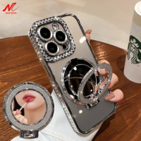Luxury Make Up Mirror Bracket Magsafe Case for iPhone 15 Pro Max 15Pro Diamond Lens Bumper Cover for iPhone 11 12 13 14 Pro Max