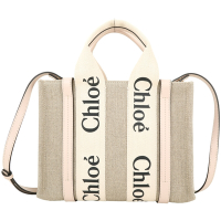 CHLOE Woody 小型 字母織帶亞麻帆布手提/斜背托特包(粉紅色)