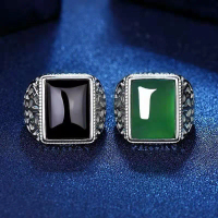 Cincin Kotak Mata Batu Hijau Mirip Bacan & Hitam / Hollow Flower Square Jade Ring For Men / Cincin G