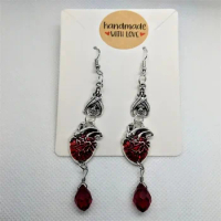 Gothic Bat Bleeding Heart Earrings Crystal Stone Handmade Personalized Earrings Bloody Anatomical Heart Creepy Jewelry