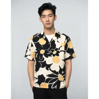 11.WOLF Hawaii Shirt  เสื้อเชิ๊ตแขนสั้นต่อลายดอกดำ-ครีม / H56 คําแนะนําการขายที่ร้อนแรงในเดือนนี้  ถ