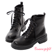 【Grace Gift】innisfree韓系聯名-圓頭側拉鍊厚底綁帶馬丁靴(黑)