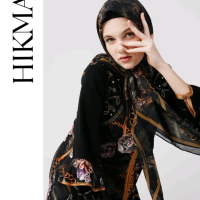 Abaya Hikmat Fashion A9211-02 Original Grey and Gold Motif Bunga Flower Poliester