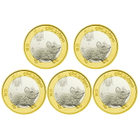 真典2019豬年 第二輪生肖紀念幣 10元面值豬年紀念幣 5枚帶小圓盒