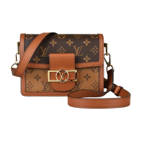 【Louis Vuitton 路易威登】LV M44580 DAUPHINE花紋LOGO Monogram Reverse帆布扣式肩背斜背包(迷你/棕)