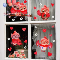 Valentine's Day Love Bird Window Glass Stickers Red Pink Heart Love Static Sticker Happy Valentine's Day Party Mirror Stickers