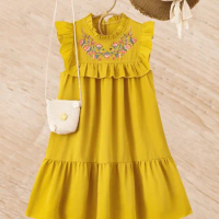 Girls holiday style summer sleeveless lotus lace elastic pleated stand collar flower embroidery unique novel vest dress