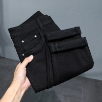 2026 Men’s Black Elastic Straight-Leg Jeans for Summer, Korean Style, Slim Fit, Cuffed Ankle, Lightw