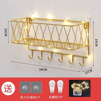 免打孔玄關鑰匙掛鉤入戶門口衣服口罩包包收納壁掛牆上金色置物架金色6鉤+燈