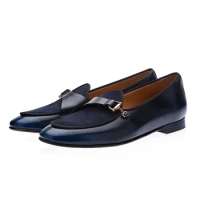 Italy Style Blue Leather Shoes For Men Fashion Monk Strap Loafers Slip On Dress Shoes Men's Flats Office Shoes