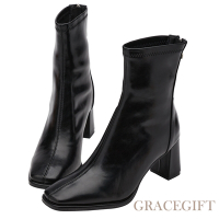 【Grace Gift】都會時尚後拉鍊中高跟襪靴 黑