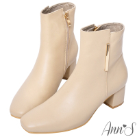 Ann’S可以穿很久-直條金屬全真皮小羊皮粗跟短靴-杏