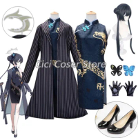 Anime Game Blue Archive Kisaki Cosplay Long Coat Chi-pao Butterflies Headwear Blue Archive Wig Halo Halloween Carnival Outfits