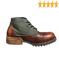 Leather Genuine Vintage Work Mens Safety Canvas Patchwork Motorcycle Ankle Boots Block Heels Lace Up High Top Riding Shoes