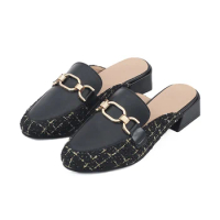 Woman 3cm Low Heels Slippers Fenty Beauty New Large Size Metal Chain Decoration Fashion Office Lady Round Toe Casual Mules Shoes