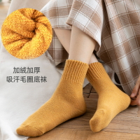 羊毛襪子女秋冬中筒襪加厚加絨睡眠襪保暖防寒純色長筒毛圈長襪