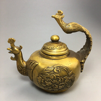 仿古純銅龍鳳手提壺茶水壺酒壺大明宣德年制復古黃銅茶壺收藏擺件