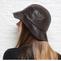 Winter Genuine Leather Hat For Women Korean British Bud Shape Big Brim Basin Caps Japanese Female White Fisherman Top Fedoras