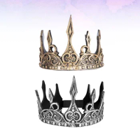 2pcs Royal Medieval Crown Headband PU Crown Mens Crown Cosplay Headdress Party Decor (Golden+Silver)