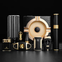 Cigar Accessories Set 10pcs Luxury Ebony Ashtray Windproof Metal Lighter Portable Cigar Tube Cutter Knife Drill Cigarette Holder