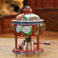 Red background peony flower copper body twisted wire enamel pot cloisonn é inflatable gas stove hot pot, one person, one pot