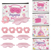 4pc Sleepover Party Supplies Pink Makeup Bag Girls Birthday Party Favor with Satin Eye Mask Satin Ha