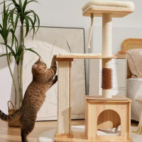 Wooden Cat Scratcher Tower with Hammock Sleeping Pad for Cats Play Structure Cat Tree Beds &amp; Furniture Training Accessories