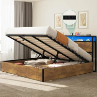 Queen Size Bed Frame with Charging Station, Beds Frame with Double Storage Shelf Headboard, LED Light Platform Bed Frame