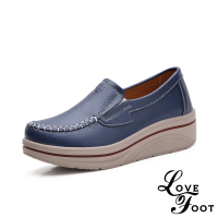 【LOVE FOOT 樂芙】真皮寬楦手工縫線造型時尚輕量厚底百搭樂福鞋(藍)