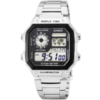 CASIO 卡西歐 CASIO 卡西歐多時區鬧鈴電子鋼帶錶-黑(AE-1200WHD-1A)