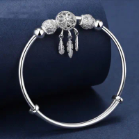 Hot Brand 925 Sterling Silver Dreamcatcher Tassel Feather lucky Bead Bracelet Bangle For Women fashion Original designer Jewelry