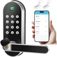 Keyless entry fingerprint smart door lock. Digital electronic lock, electric door handle, biometric handle, front door, bedroom
