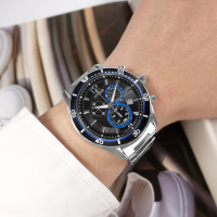 【CITIZEN 星辰】光動能 三眼計時 日期 日本機芯 防水100米 不鏽鋼手錶 黑藍色 40mm(VO10-6741F)