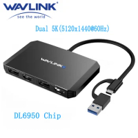 WAVLINK USB C to DisplayPort and HDMI Adapter Dual 5K(5120x1440)@60Hz Monitor Hub Displaylink 6950 Chip For Windows and Mac