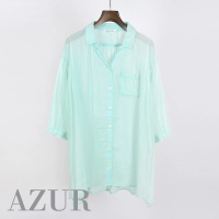 【AZUR】日系休閒棉麻透氣七分袖襯衫-冷綠