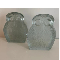 Vintage Blenko Clear Glass Owl Bookends MCM 2" Thick Set of 2