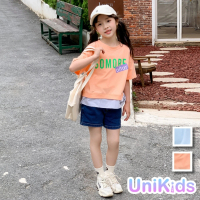 【UniKids】中大童裝假兩件字母短袖T恤上衣 女大童裝 VWHT208T(藍T 橙T)