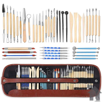 Butsir Alat Ukir Pottery Tool Modelling Tools 43pcs Kemasan Dompet Kayu Pilihan & Stainless Steel un