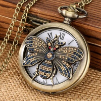 Bronze Retro Diamond-encrusted Bee Owl Handicraft Artwork Hollow Quartz Pocket Watch Antique Necklace Sweater Chain FOB Clocks